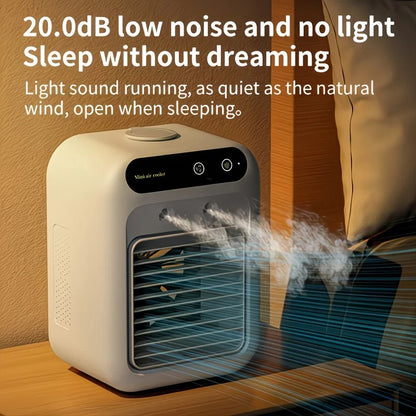 USB rechargeable mini air conditioning fan, supports USB/wireless charging. Features 3-speed wind, cooling, and humidification levels. Powered by a lithium battery, lightweight and compact, ideal for desktop cooling in both office and home settings. - Image 5