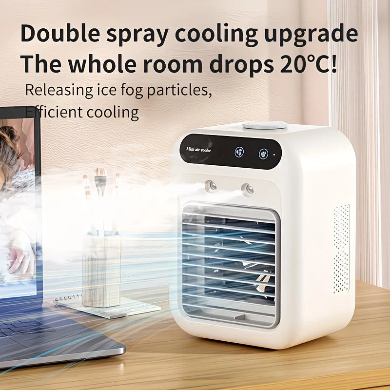 USB rechargeable mini air conditioning fan, supports USB/wireless charging. Features 3-speed wind, cooling, and humidification levels. Powered by a lithium battery, lightweight and compact, ideal for desktop cooling in both office and home settings. - Image 6