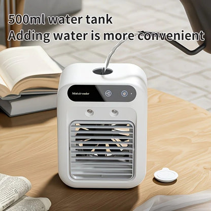 USB rechargeable mini air conditioning fan, supports USB/wireless charging. Features 3-speed wind, cooling, and humidification levels. Powered by a lithium battery, lightweight and compact, ideal for desktop cooling in both office and home settings. - Image 7