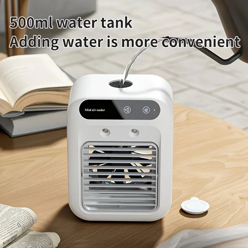 USB rechargeable mini air conditioning fan, supports USB/wireless charging. Features 3-speed wind, cooling, and humidification levels. Powered by a lithium battery, lightweight and compact, ideal for desktop cooling in both office and home settings. - Image 7
