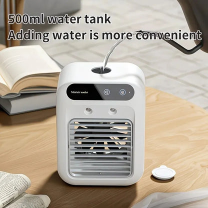 USB rechargeable mini air conditioning fan, supports USB/wireless charging. Features 3-speed wind, cooling, and humidification levels. Powered by a lithium battery, lightweight and compact, ideal for desktop cooling in both office and home settings. - Image 7