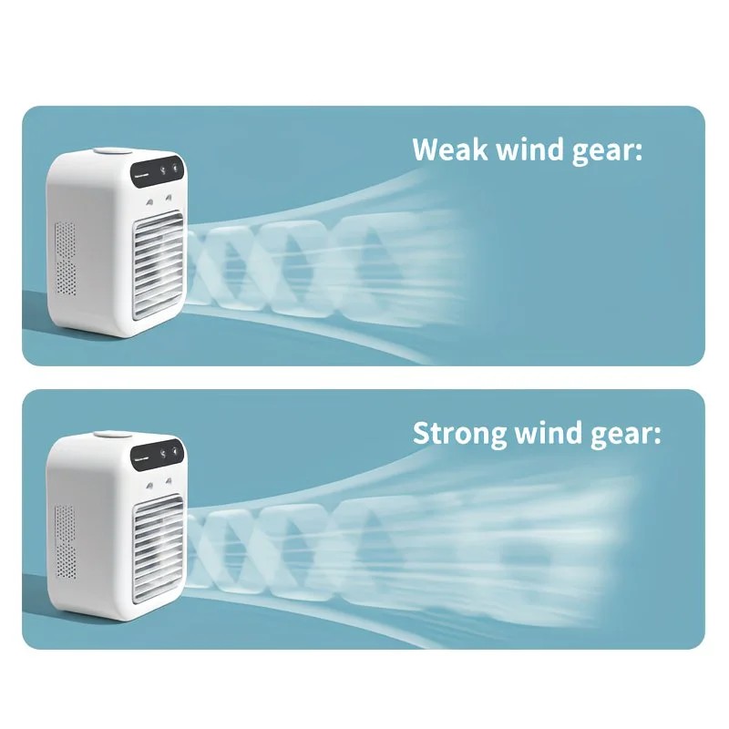 USB rechargeable mini air conditioning fan, supports USB/wireless charging. Features 3-speed wind, cooling, and humidification levels. Powered by a lithium battery, lightweight and compact, ideal for desktop cooling in both office and home settings. - Image 9