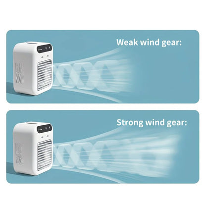 USB rechargeable mini air conditioning fan, supports USB/wireless charging. Features 3-speed wind, cooling, and humidification levels. Powered by a lithium battery, lightweight and compact, ideal for desktop cooling in both office and home settings. - Image 9