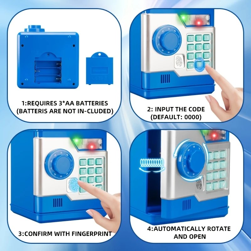 Children's Password Piggy Bank, Dual Lock,BLUE  Automatic Bill Intake, Develops Savings Habit, Multiple Colors Available, Battery Not Included - Image 4