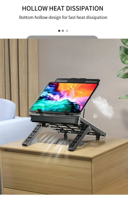 Adjustable laptop stand, designed for 17.3-inch laptops, a portable stand that allows for height adjustment on the desk, and comes with a dedicated phone holder. - Image 9