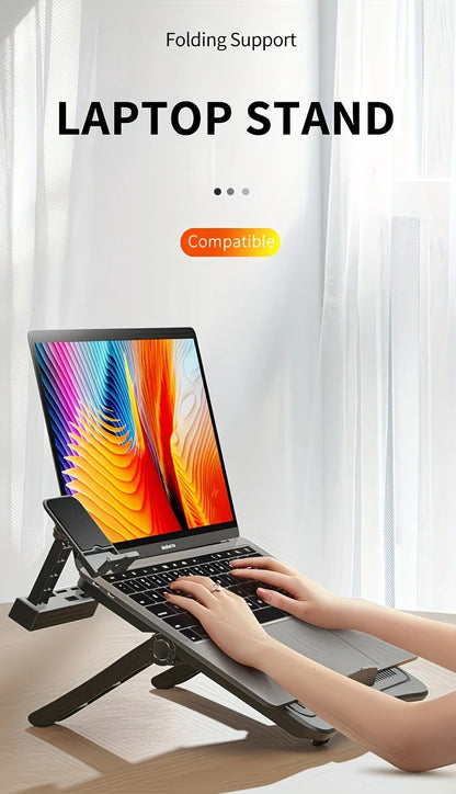 Adjustable laptop stand, designed for 17.3-inch laptops, a portable stand that allows for height adjustment on the desk, and comes with a dedicated phone holder. - Image 2