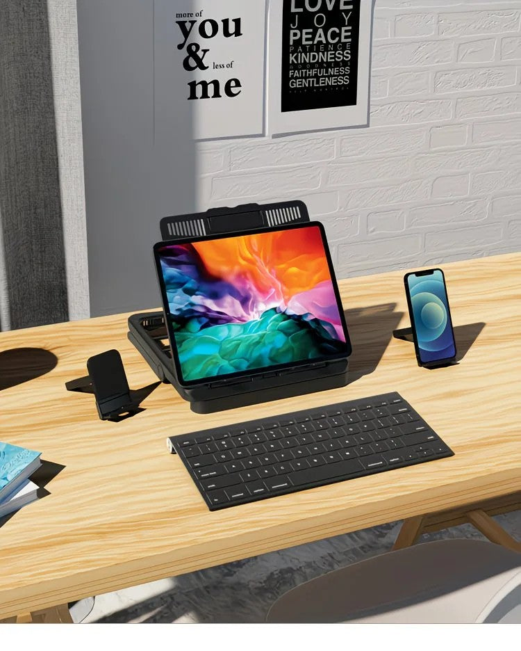 Adjustable laptop stand, designed for 17.3-inch laptops, a portable stand that allows for height adjustment on the desk, and comes with a dedicated phone holder. - Image 3