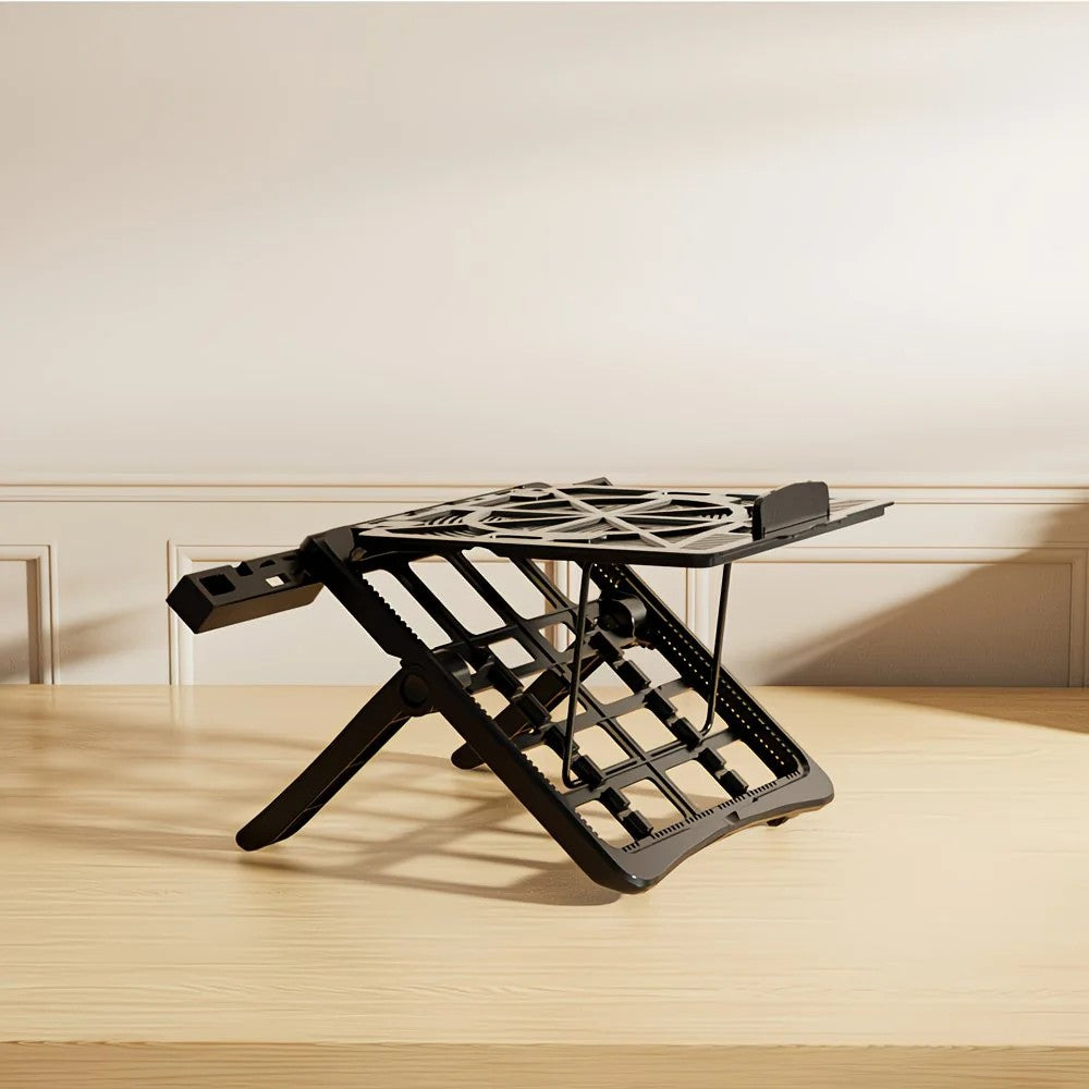 Adjustable laptop stand, designed for 17.3-inch laptops, a portable stand that allows for height adjustment on the desk, and comes with a dedicated phone holder. - Image 5
