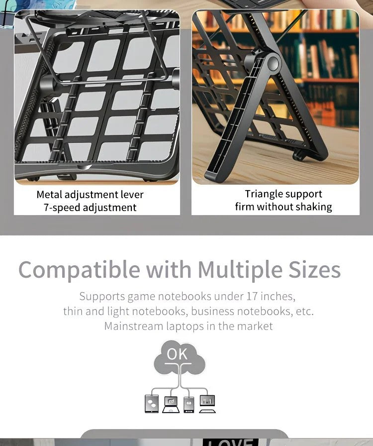 Adjustable laptop stand, designed for 17.3-inch laptops, a portable stand that allows for height adjustment on the desk, and comes with a dedicated phone holder. - Image 8