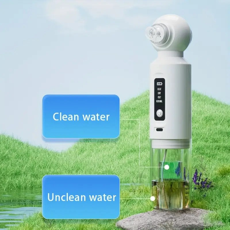 Six-head blackhead cleaner with electric vacuum suction for deep pore cleaning. USB-rechargeable mini bubble facial device features a 3-second long press to activate heating mode, maintaining a constant 46°C temperature. - Image 2
