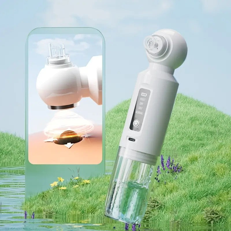 Six-head blackhead cleaner with electric vacuum suction for deep pore cleaning. USB-rechargeable mini bubble facial device features a 3-second long press to activate heating mode, maintaining a constant 46°C temperature. - Image 4