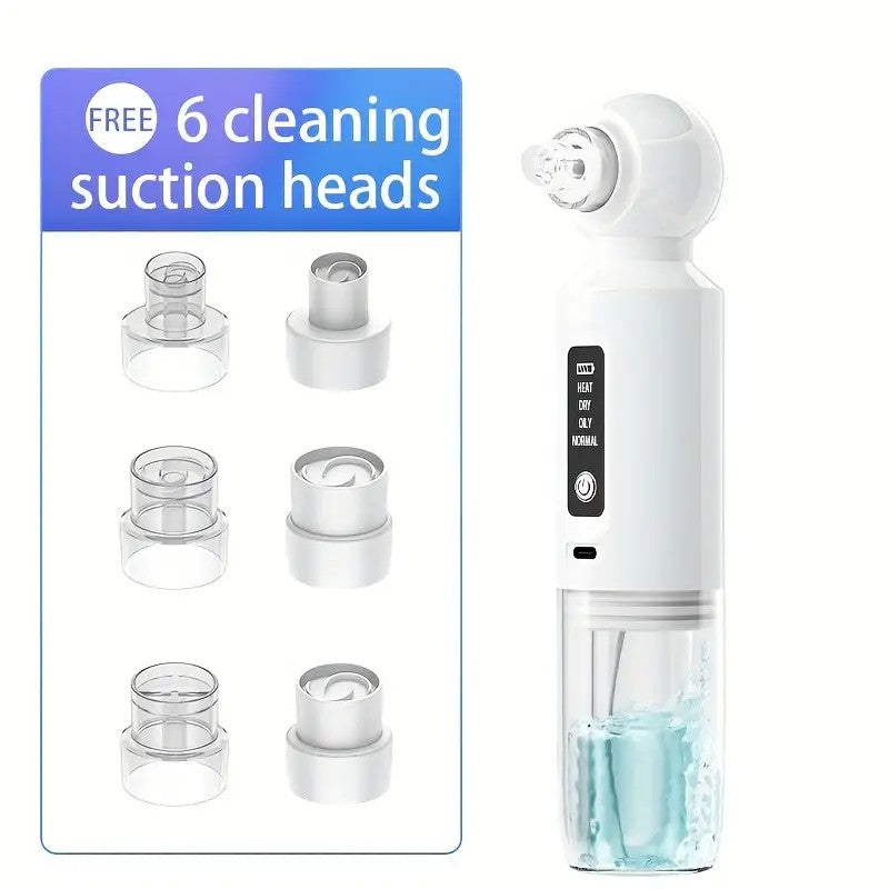 Six-head blackhead cleaner with electric vacuum suction for deep pore cleaning. USB-rechargeable mini bubble facial device features a 3-second long press to activate heating mode, maintaining a constant 46°C temperature. - Image 6