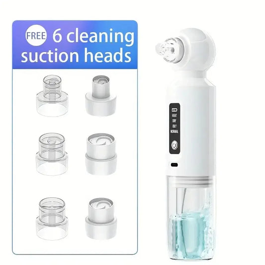 Six-head blackhead cleaner with electric vacuum suction for deep pore cleaning. USB-rechargeable mini bubble facial device features a 3-second long press to activate heating mode, maintaining a constant 46°C temperature. - Image 6