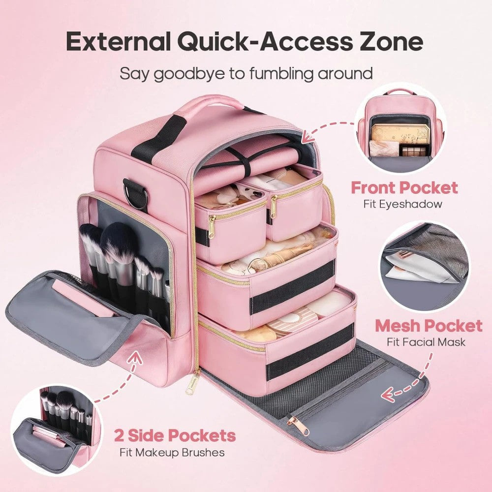 1pc Complete Travel Makeup Bag Set, Pink, Large Capacity Cosmetic Organizer with Detachable Pouch, Jewelry Storage Case - Image 3