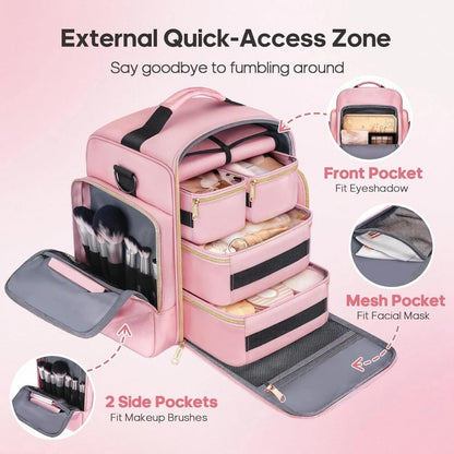 1pc Complete Travel Makeup Bag Set, Pink, Large Capacity Cosmetic Organizer with Detachable Pouch, Jewelry Storage Case - Image 3