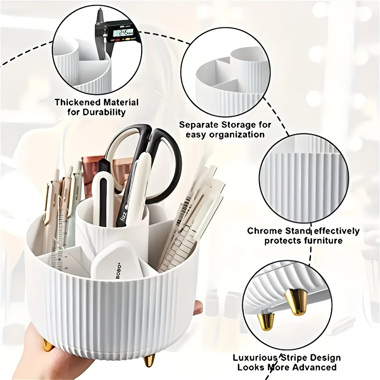 360-Degree Rotating Cosmetic Organizer – 1 Plastic Makeup Storage Box with 5 Compartments – Multi-Purpose Holder for Brushes, Lipsticks, Skincare Products, and Stationery – Durable Odor-Free Desktop Storage Container with Luxurious Stripe Design.WHITE - Image 5