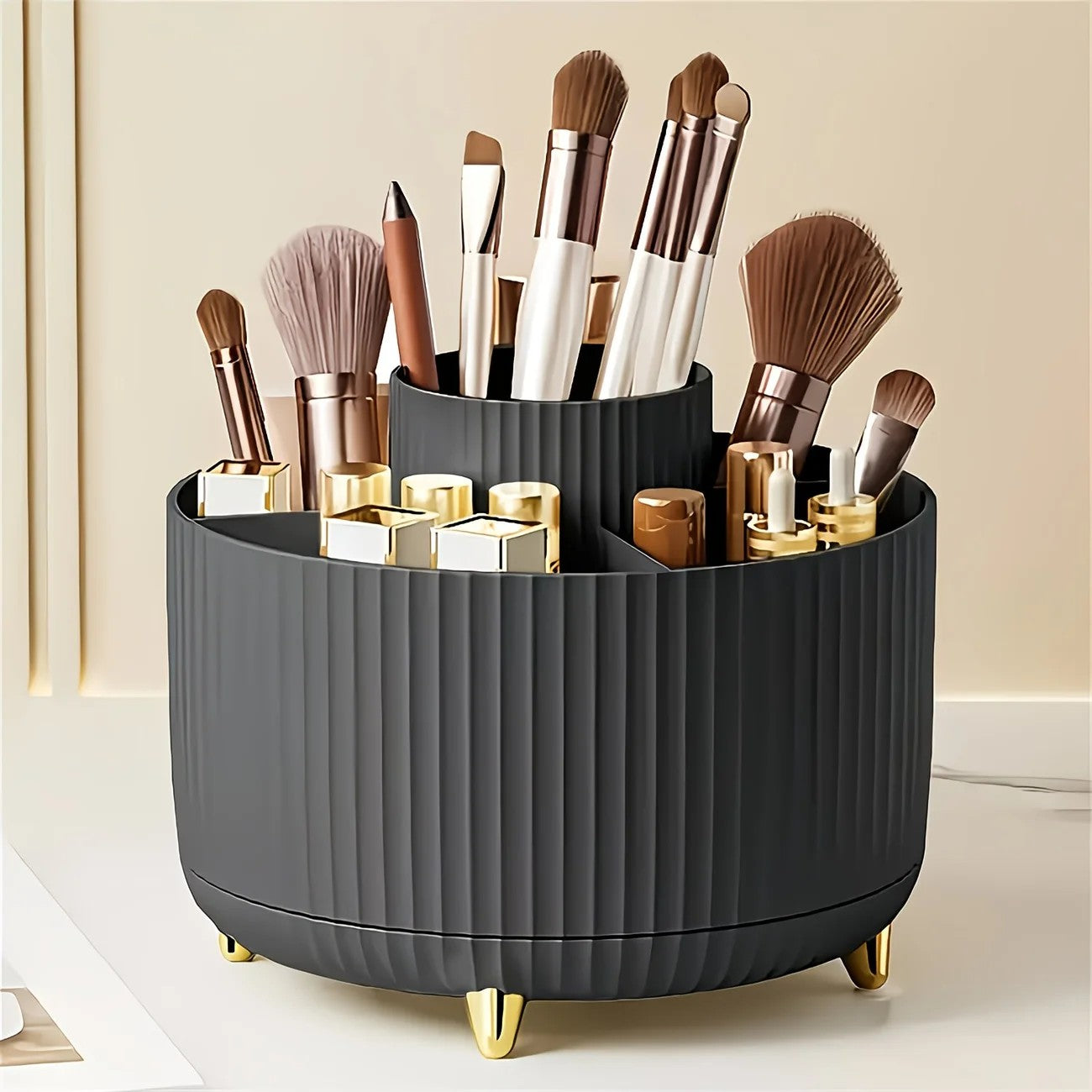360-Degree Rotating Cosmetic Organizer – 1 Plastic Makeup Storage Box with 5 Compartments – Multi-Purpose Holder for Brushes, Lipsticks, Skincare Products, and Stationery – Durable Odor-Free Desktop Storage Container with Luxurious Stripe Design.WHITE - Image 7