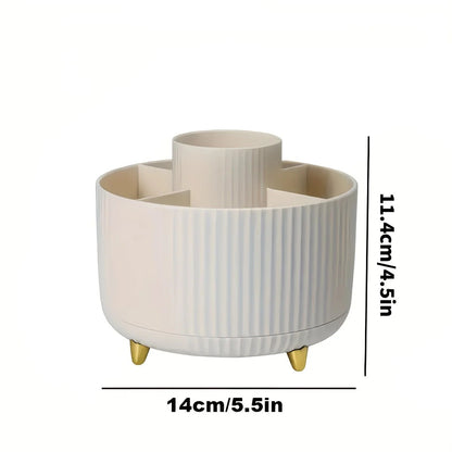 360-Degree Rotating Cosmetic Organizer – 1 Plastic Makeup Storage Box with 5 Compartments – Multi-Purpose Holder for Brushes, Lipsticks, Skincare Products, and Stationery – Durable Odor-Free Desktop Storage Container with Luxurious Stripe Design.WHITE - Image 8