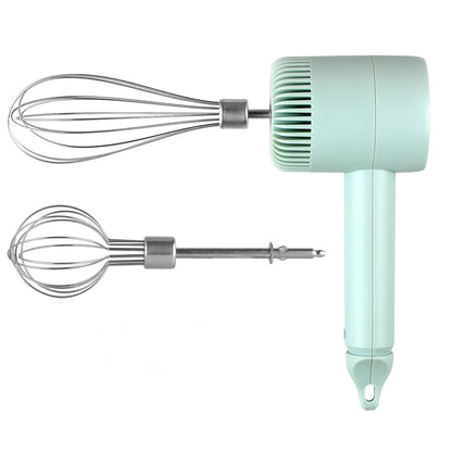 Green Wireless charging handheld mixer, 30W with three-speed settings. Dual whisk heads designed for whipping eggs, cream, and batter. Suitable for both kitchen and outdoor use, also an ideal gift.