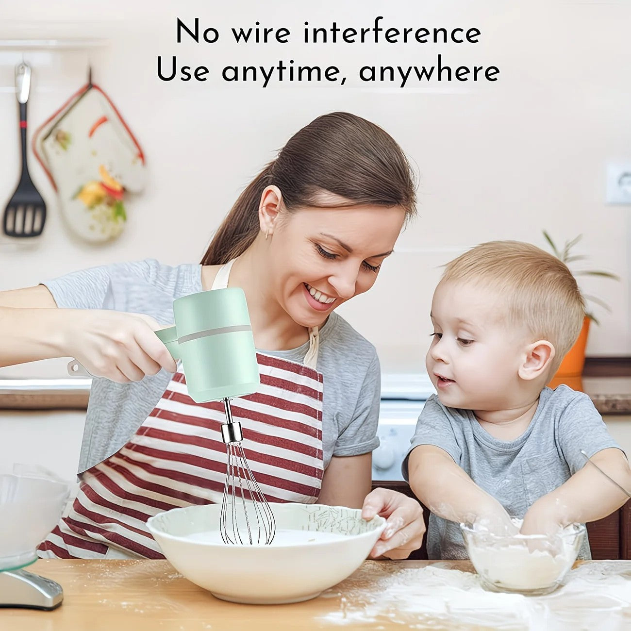 Green Wireless charging handheld mixer, 30W with three-speed settings. Dual whisk heads designed for whipping eggs, cream, and batter. Suitable for both kitchen and outdoor use, also an ideal gift. - Image 4