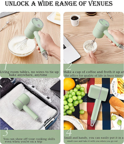 Green Wireless charging handheld mixer, 30W with three-speed settings. Dual whisk heads designed for whipping eggs, cream, and batter. Suitable for both kitchen and outdoor use, also an ideal gift. - Image 6