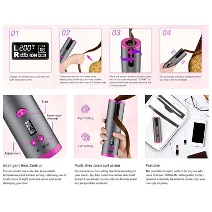 Automatic Hair Curling Wand, Tangle-Free Design, Portable USB Charging Rotating Curling Iron with Ceramic Barrel, Suitable for Long Hair, Fast, Ideal for Hairstyling.Lavender gray - Image 3