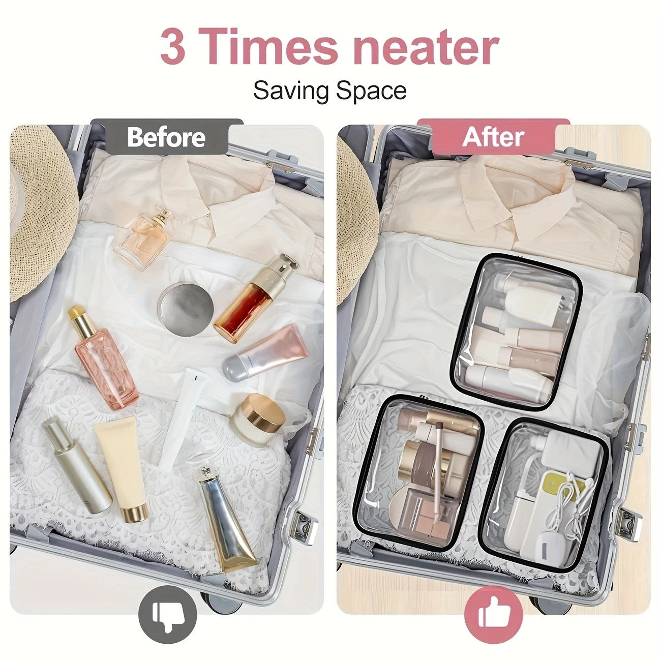 2PCS Fashionable PVC makeup bag, large capacity and easy to clean, with zipper closure. Ideal for travel and daily use, a high-quality storage choice. - Image 2