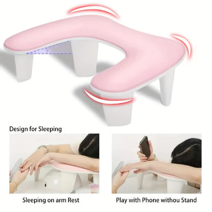 Pink This handheld nail care device integrates a U-shaped pillow and comes with a portable detachable stand. Designed with an inclined PU material and a sturdy base, it is crafted for both comfort and portability. - Image 3