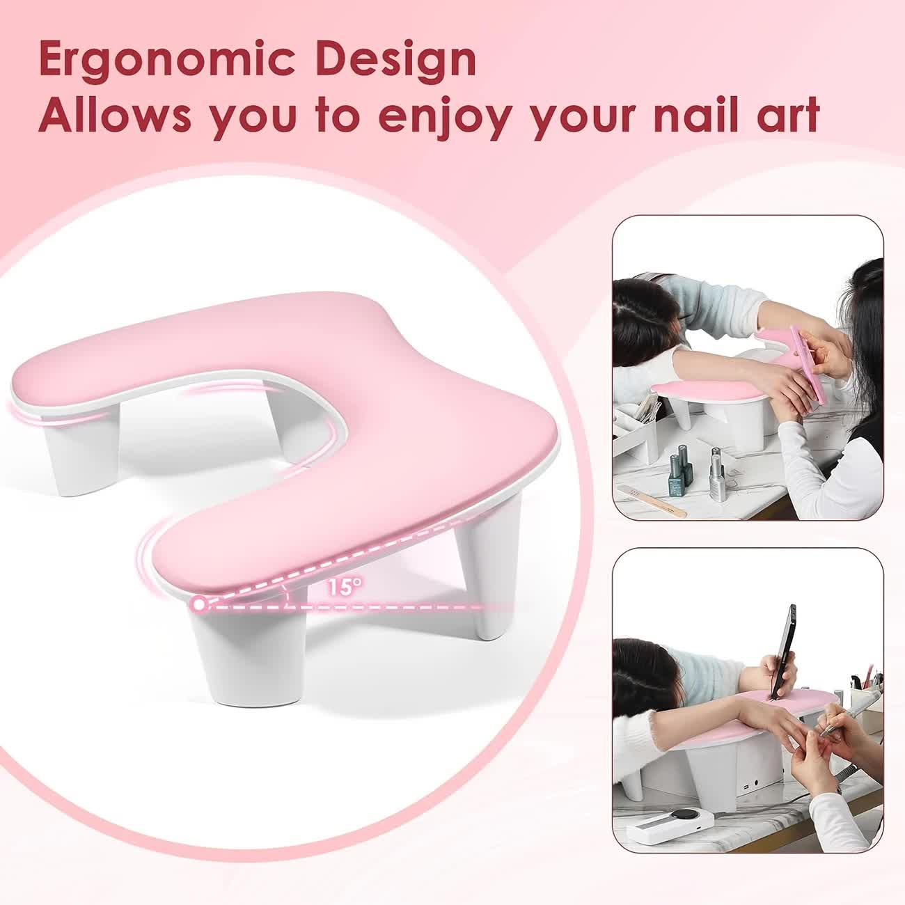 Grey This handheld nail care device integrates a U-shaped pillow and comes with a portable detachable stand. Designed with an inclined PU material and a sturdy base, it is crafted for both comfort and portability. - Image 2