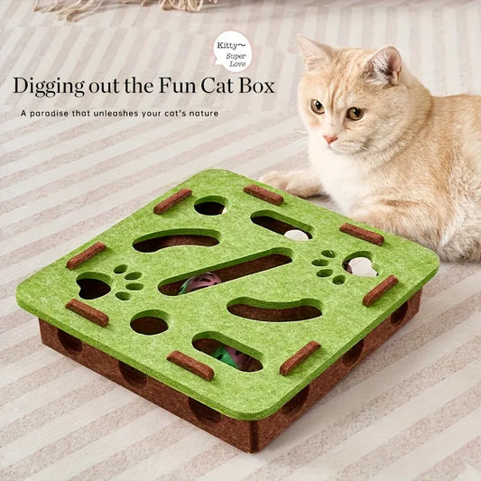 Interactive Cat Fun Box with Paw Print Design for Digging and Climbing, Includes 2 Hidden Balls, Made of Durable Plastic Material, Promotes Mental Stimulation and Exercise, Random Colors, Suitable for All Breeds and Sizes, green brown
