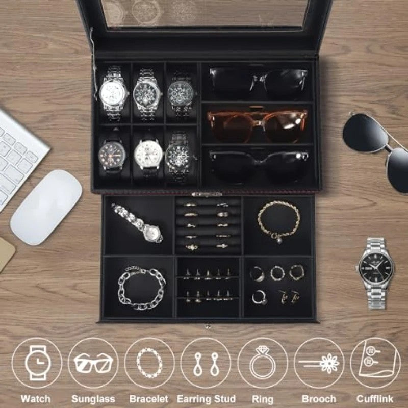 Men's Watch and Glasses Storage Box: Transparent Lid, Zoned Storage, Multi-slot Protection for Watches and Accessories - Image 3