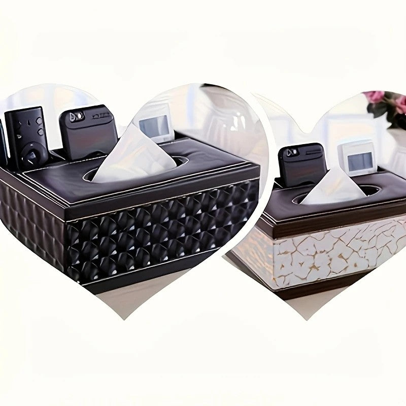 Black cat's eye Multi-Function Leather Tissue Box, Wooden Frame with Compartment Storage, Anti-Slip and Stable, Living Room and Office Desktop Organizer - Image 2