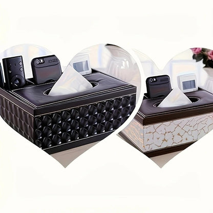 White gold Multi-Function Leather Tissue Box, Wooden Frame with Compartment Storage, Anti-Slip and Stable, Living Room and Office Desktop Organizer - Image 2