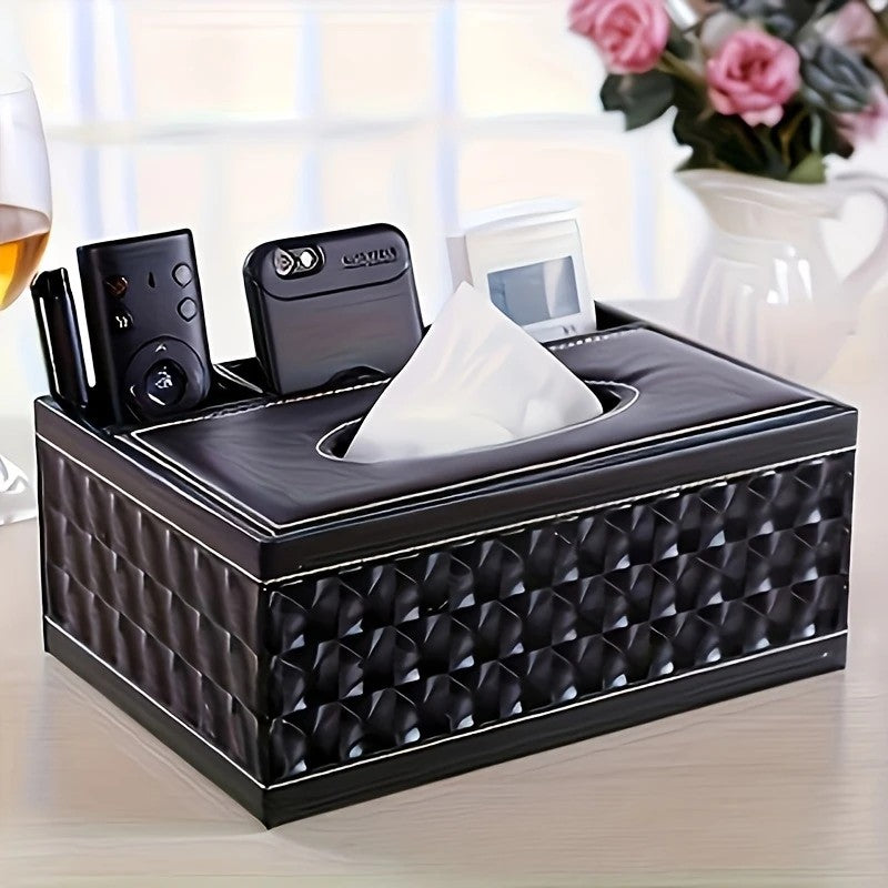 White gold Multi-Function Leather Tissue Box, Wooden Frame with Compartment Storage, Anti-Slip and Stable, Living Room and Office Desktop Organizer - Image 6