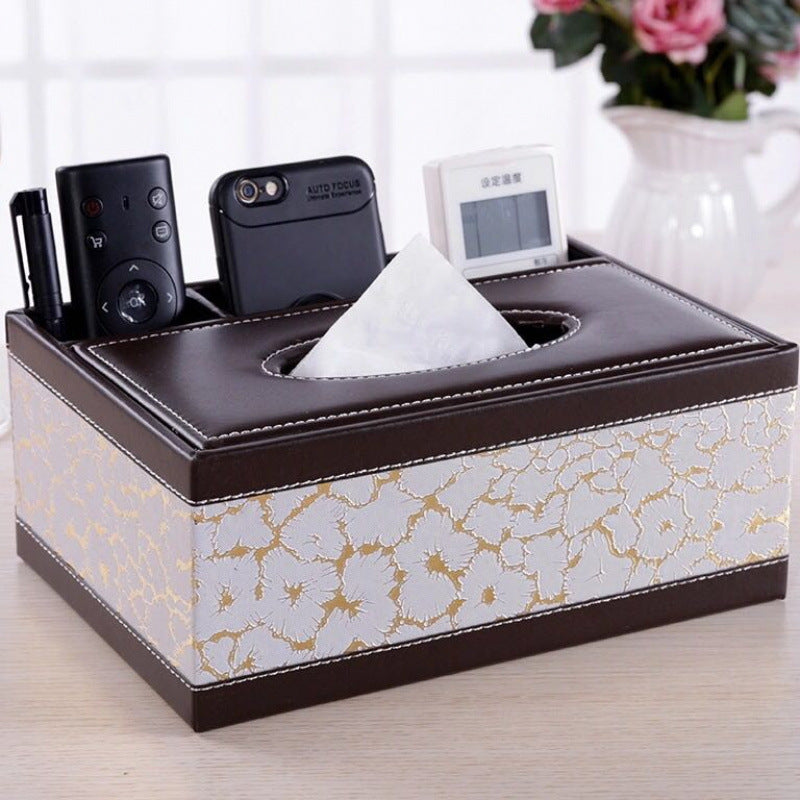 White gold Multi-Function Leather Tissue Box, Wooden Frame with Compartment Storage, Anti-Slip and Stable, Living Room and Office Desktop Organizer - Image 8