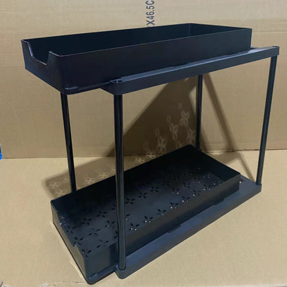 BLACK Two-tier pull-out storage rack. An organizational lifesaver for under the kitchen sink. Features adjustable shelves for easy storage of bottles and jars. In a sleek, modern design. Perfect as a kitchen shelf, bathroom organizer, or household storage - Image 3