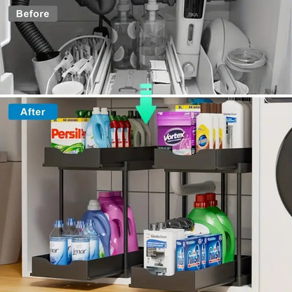 BLACK Two-tier pull-out storage rack. An organizational lifesaver for under the kitchen sink. Features adjustable shelves for easy storage of bottles and jars. In a sleek, modern design. Perfect as a kitchen shelf, bathroom organizer, or household storage - Image 4