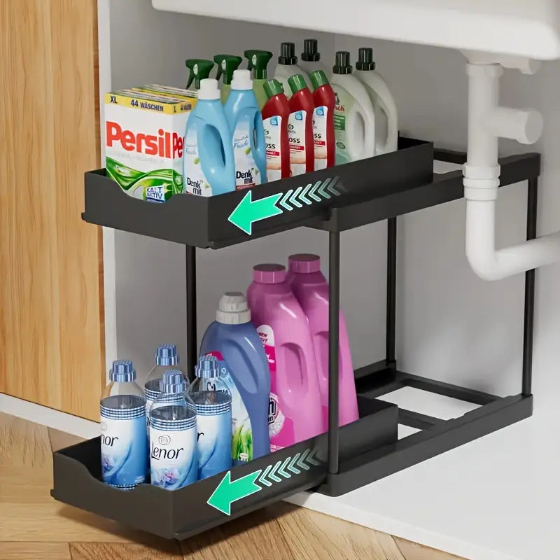 BLACK Two-tier pull-out storage rack. An organizational lifesaver for under the kitchen sink. Features adjustable shelves for easy storage of bottles and jars. In a sleek, modern design. Perfect as a kitchen shelf, bathroom organizer, or household storage - Image 5