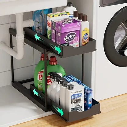 BLACK Two-tier pull-out storage rack. An organizational lifesaver for under the kitchen sink. Features adjustable shelves for easy storage of bottles and jars. In a sleek, modern design. Perfect as a kitchen shelf, bathroom organizer, or household storage - Image 7