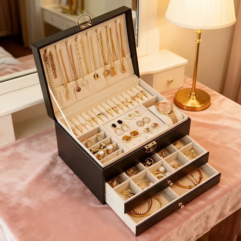 BLACK Multi - layer Jewelry Storage Box: Velvet Lining, Three - layer Zoning, Double - drawer Storage for Accessories - Image 2
