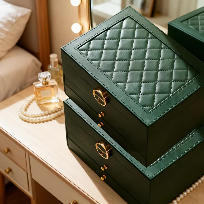 Dark green Multi - layer Jewelry Storage Box: Velvet Lining, Three - layer Zoning, Double - drawer Storage for Accessories - Image 2