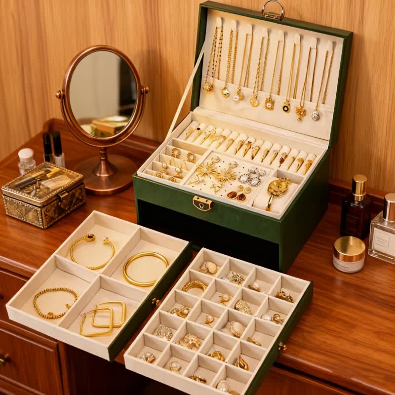 Dark green Multi - layer Jewelry Storage Box: Velvet Lining, Three - layer Zoning, Double - drawer Storage for Accessories - Image 4