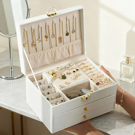 White Multi - layer Jewelry Storage Box: Velvet Lining, Three - layer Zoning, Double - drawer Storage for Accessories - Image 2