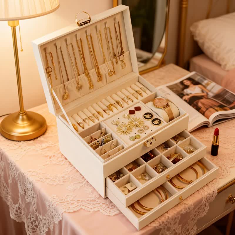 White Multi - layer Jewelry Storage Box: Velvet Lining, Three - layer Zoning, Double - drawer Storage for Accessories - Image 9