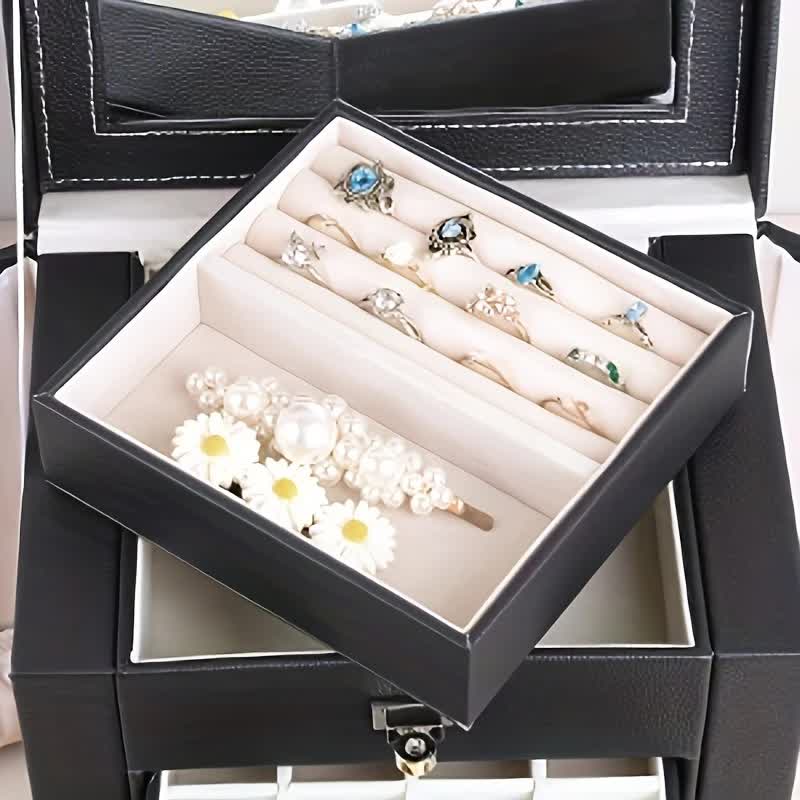 Women's Multi-functional Jewelry Box: Built-in Mirror, Multi-layer Drawer Storage, Side Hooks to Prevent Tangling and Protect Accessories.black - Image 3