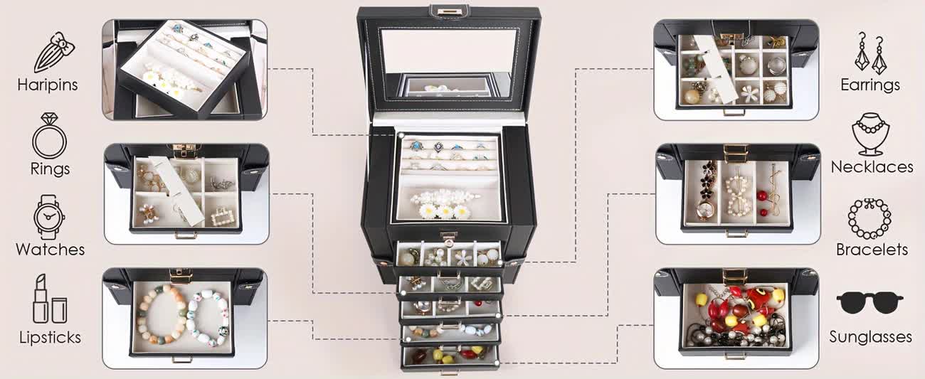 Women's Multi-functional Jewelry Box: Built-in Mirror, Multi-layer Drawer Storage, Side Hooks to Prevent Tangling and Protect Accessories.black - Image 4