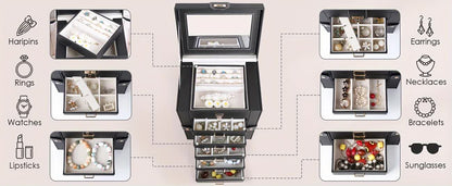 Women's Multi-functional Jewelry Box: Built-in Mirror, Multi-layer Drawer Storage, Side Hooks to Prevent Tangling and Protect Accessories.black - Image 4
