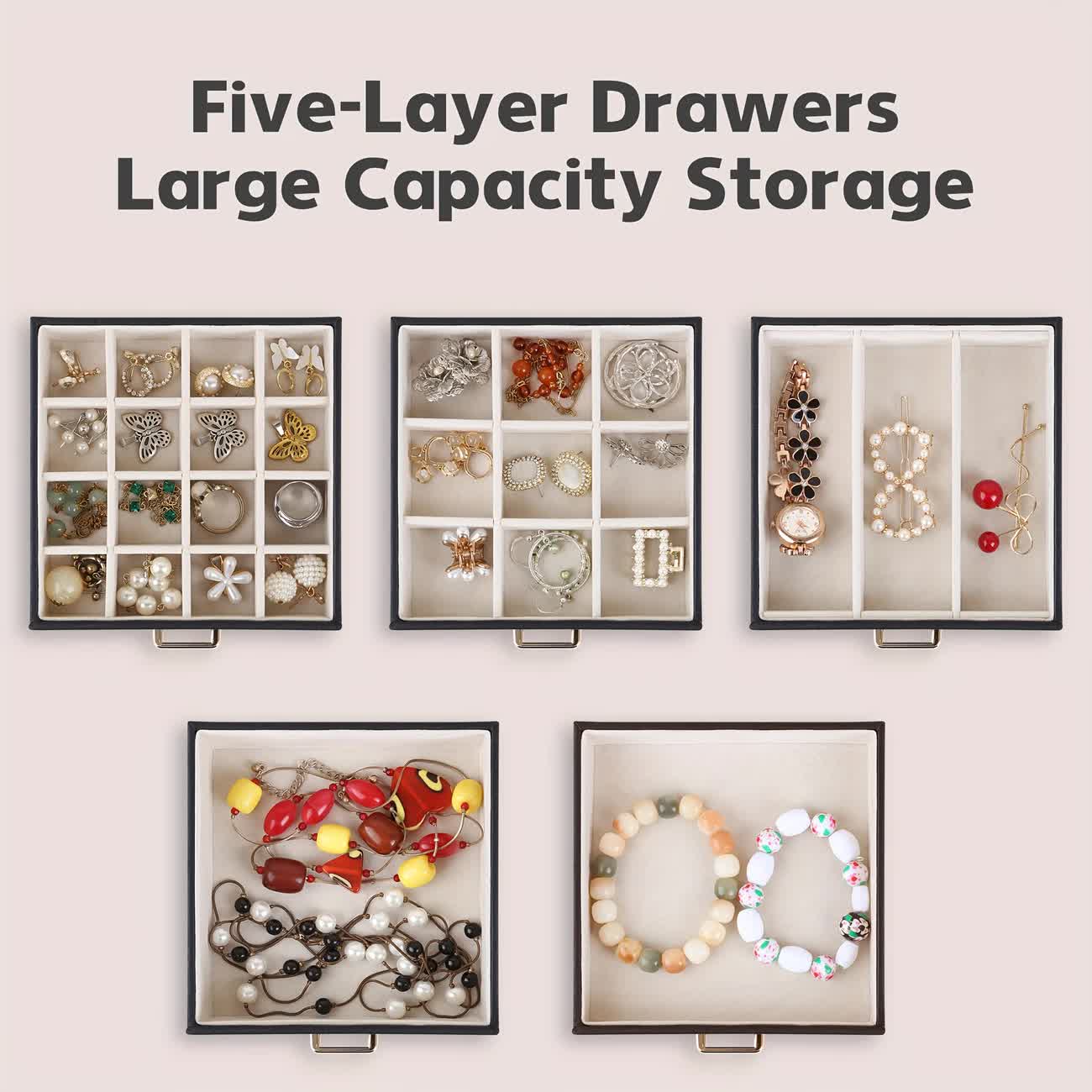 Women's Multi-functional Jewelry Box: Built-in Mirror, Multi-layer Drawer Storage, Side Hooks to Prevent Tangling and Protect Accessories.black - Image 5