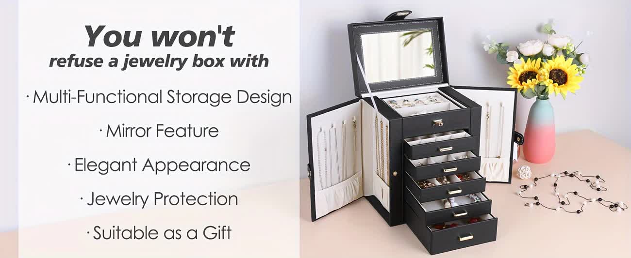 Women's Multi-functional Jewelry Box: Built-in Mirror, Multi-layer Drawer Storage, Side Hooks to Prevent Tangling and Protect Accessories.black - Image 7