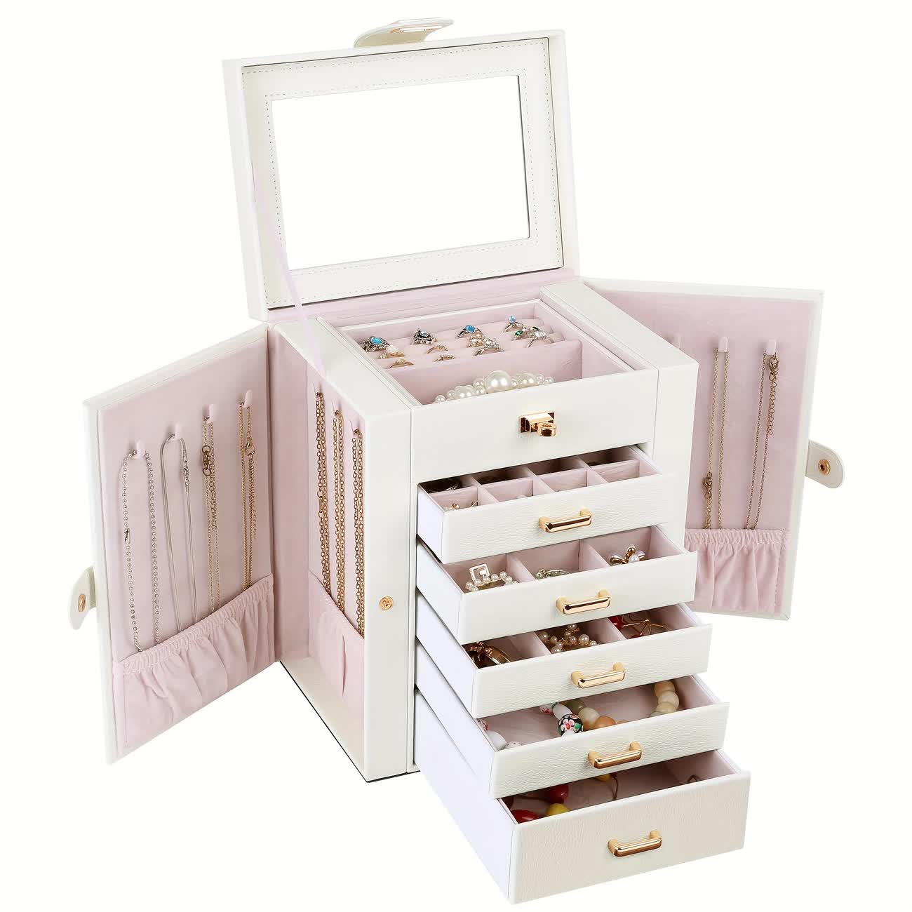 Women's Multi-functional Jewelry Box: Built-in Mirror, Multi-layer Drawer Storage, Side Hooks to Prevent Tangling and Protect Accessories.black - Image 9